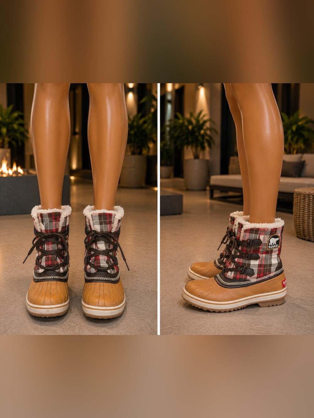 Sorel Plaid Fur-Lined Winter Duck Boots - Tan & Red